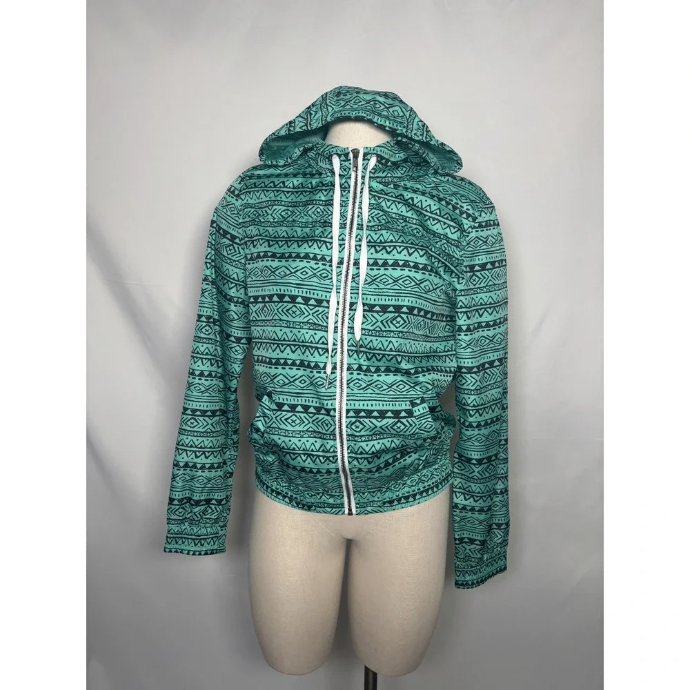Zine women's Teal Athletic Aztec‎ full zip hooded windbreaker jacket size Large